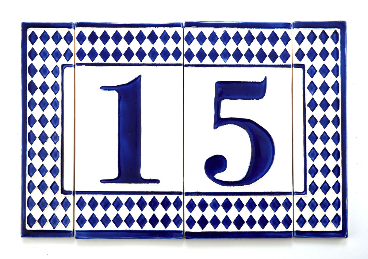 Blue Diamond House Number Side Pair De Kleipot Handmade Tiles