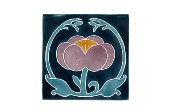 Art Nouveau Navy Flower with Leaves (Turquoise Leaves) Large