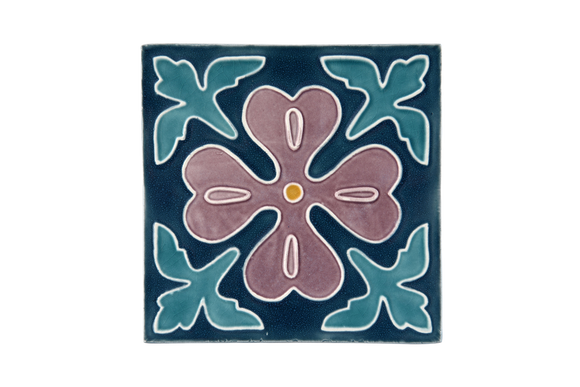 Art Nouveau Teal Corner Leaves Flower Large